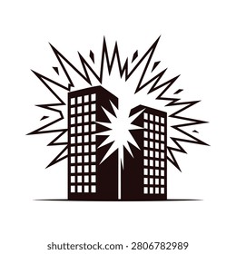 Explosion of two tall buildings with windows and starburst effect on white background