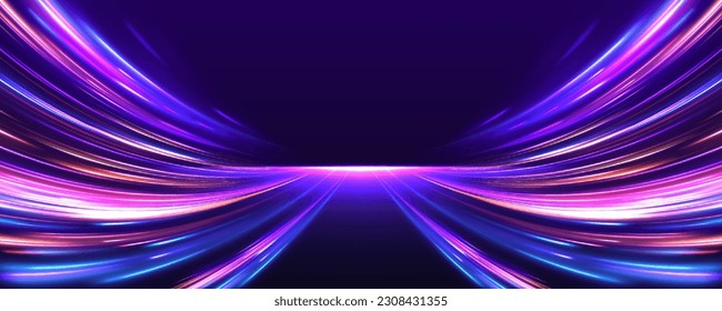 Explosion in universe. Cosmic background for event, party, carnival, celebration, anniversary or other. Abstract background in blue and purple neon glow colors. Speed of light in galaxy. Vector.