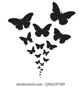 Explosion of vector butterflies. 
Lots of butterflies. 
Vector silhouettes of butterflies