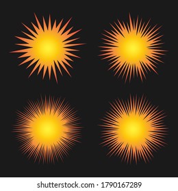 Explosion vector graphic. Detonation icon. Cartoon style firework flash logo. Spark sunburst symbol. Explosive bomb flare sign. Isolated on black background.