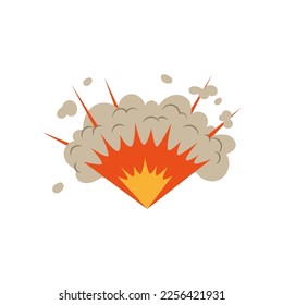 Ilustración vectorial de explosión. Dibujo de caricatura de explosión de bomba, fuego, nube de humo después de estallar en fondo blanco. Guerra, concepto armónico