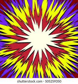 Explosion vector illustration. Retro pop art speech bubble with dots. Comic book fight stamp for card Superhero action frame background. Sun ray or star burst element