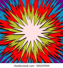 Ilustración vectorial de explosión. Burbuja del discurso de arte pop retro con puntos. Sello de combate de libro de historietas para la carta de fondo de marco de acción Superhéroe. Elemento de ráfaga de rayos solares o estrellas