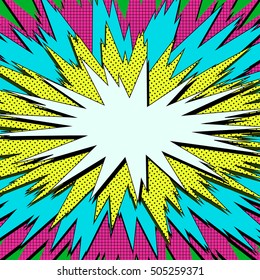 Explosion vector illustration. Retro pop art speech bubble with dots. Comic book fight stamp for card Superhero action frame background. Sun ray or star burst element