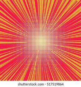 Explosion vector illustration. Retro pop art background with dots. Comic book fight stamp for card Superhero action frame background. Light rays.