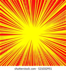 Explosion vector illustration. Retro pop art background with dots. Light rays