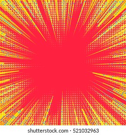Explosion vector illustration. Retro pop art background with dots. Light rays