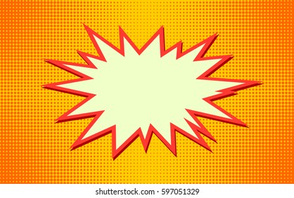 Explosion vector illustration. Retro pop art speech bubble with dots. Comic book fight stamp for card Superhero action frame background. Sun ray or star burst element.