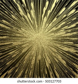 Explosion vector illustration. Sun ray or star burst element with sparkles. Gold Christmas element for greeting cards, posters. Golden glow glitter.  Light rays effect.