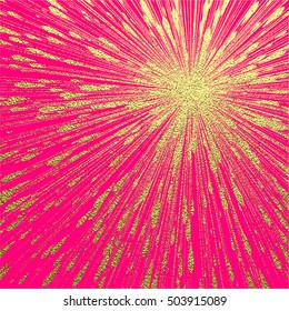 Explosion vector illustration. Sun ray or star burst element with sparkles. Gold Christmas element for greeting cards, posters. Golden glow glitter. Light rays effect.
