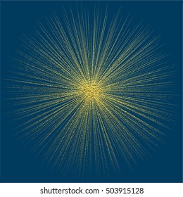 Explosion vector illustration. Sun ray or star burst element with sparkles. Gold Christmas element for greeting cards, posters. Golden glow glitter. Light rays effect.