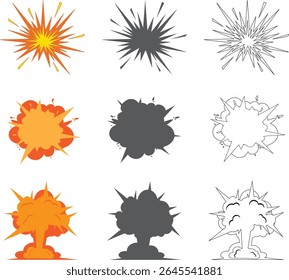 Conjunto de Vetor de Explosão - Comic Boom, Explosão, Bang, Fumaça, Fogo, Efeitos de explosão