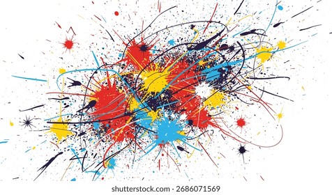 An explosion of vibrant colors and abstract paint splatters creating a dynamic and energetic composition.