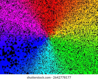 uma explosão de cores vibrantes organizadas em segmentos. Cada cor é composta de inúmeras formas pequenas, escuras, triangulares e irregulares, criando uma aparência altamente texturizada e fragmentada.