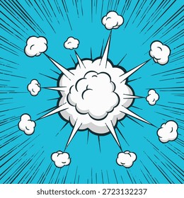 Explosão de nuvens brancas sobre um fundo azul vibrante com raios em estilo cômico emanando do centro