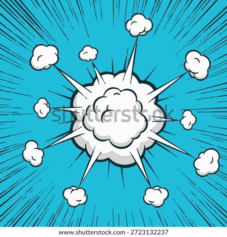 An explosion of white clouds against a vibrant blue background with comic-style rays emanating from the center