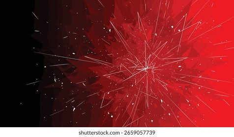 Explosión de partículas blancas contra un fondo degradado rojo y negro con Formas geométricas