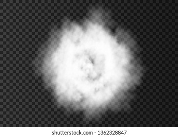 Explosion. White smoke circle. Spiral fog  track isolated on transparent background. Realistic vector cloud or steam   texture. 