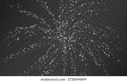 Explosion of white snow or dust on dark background. Dynamic burst of many small snowflakes and glowing particles for winter design.