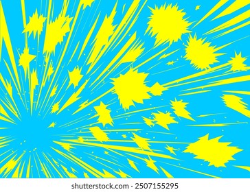 Explosión de color amarillo sobre un fondo azul del cielo. Fondo con fuerte explosión de energía, destrucción y dispersión de partículas. Vector Imagen de movimiento en estilo manga y anime.