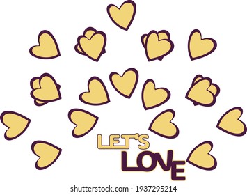 Explosion of yellow hearts with a violet border over the text Let's Love. Vector image of love with hearts.