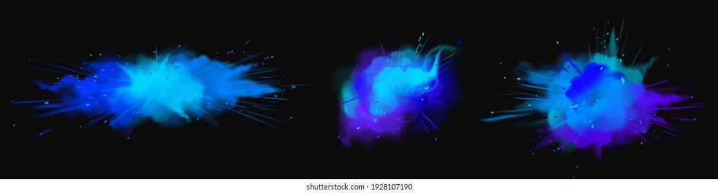 Explosions of blue powder, paint dust with particles. Vector realistic set of colored ink splashes, burst effect of powder clouds, splatter and spray isolated on black background