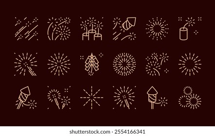 Explosions (Boom) and Flashes of Fireworks. Vector editable stroke line. Icons and design elements for celebrating the New Year (international, Chinese) and prominent events.