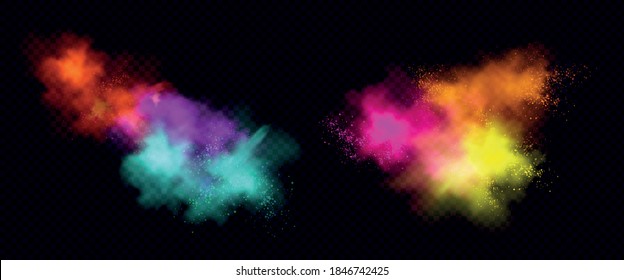 Explosions of color powder or dust with particles. Vector realistic set of paint splashes, burst effect of colorful powder clouds and spray isolated on transparent background