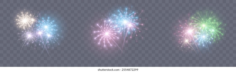 Explosions of colorful fireworks brightly salute. Festive vector illustration on a transparent background.	
