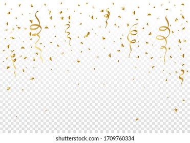 
Explosions of confetti serpentine, golden shiny vector ribbons falling down on a transparent background for birthday, sale, for any design of your banner, poster or card.