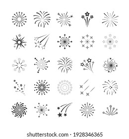 Explosions fireworks contours set. Monochrome flares on white space with salute stars joyful event party festive lights from sparkly rips and geometric bursting tracery. Cool vector illuminated.