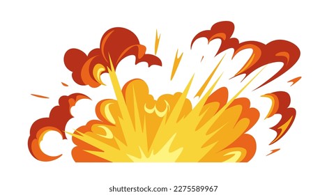 Explosions and flame blazing, isolated effect of detonation or attack. Wave with fire and clouds, burst or blast, outbreak or incident. Game design of blowout. Vector in flat style illustration
