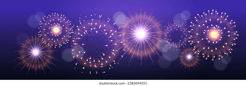 Explosions of golden fireworks in the dark purple sky. Pyrotechnics holiday banner