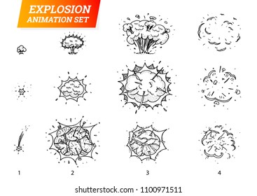 Explosions icons set on white background. Cartoon comic boom effects for emotion. Vector style. Bang burst explode flash bubble dynamite with smoke. Animation frame for game. Process steps. Hand drawn