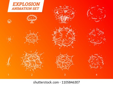 Explosions icons set on white background. Cartoon comic boom effects for emotion. Vector style. Bang burst explode flash bubble dynamite with smoke. Animation frame for game. Process steps. Hand drawn
