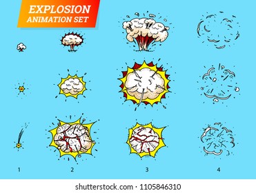 Explosions icons set on white background. Cartoon comic boom effects for emotion. Vector style. Bang burst explode flash bubble dynamite with smoke. Animation frame for game. Process steps. Hand drawn