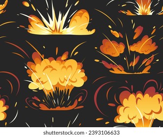 Explosions seamless pattern. Repeating design element for printing on fabric. Demolition and destruction. Armed conflict and war. Textie and cotton. Cartoon flat vector illustration