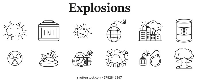 Explosions set icon. Line icons depict blast cloud, TNT box, spark burst, grenade, meteor strike, city explosion, hazard barrel, radiation sign, detonator, dynamite, bomb fuse, nuclear mushroom cloud