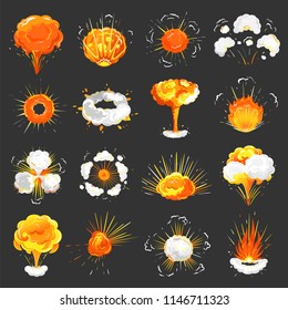 Explosions set isolated icons closeup vector. Set of bangs, splashes and outbreaks with fire and smoke. Different shapes of bursts, blowings up, flash