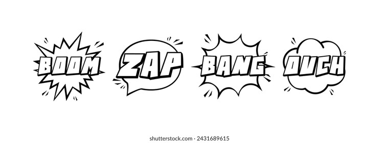 Explosive banner icons. Boom, Zap, Bang, Ovch explosive bubbles icons. Linear style. Vector icons