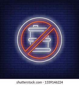 Explosive barrel neon sign. Round prohibiting signboard with barrel on brick wall background. Vector illustration in neon style for billboards, signage, signboards