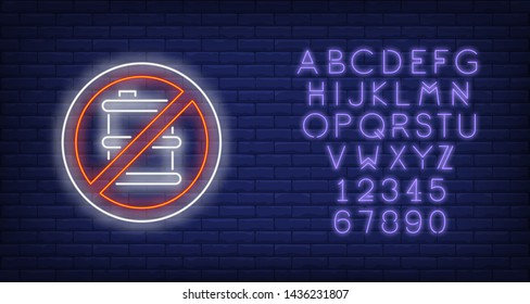 Explosive barrel neon sign. Round prohibiting signboard with barrel on brick wall background. Vector illustration in neon style for billboards, signage, signboards