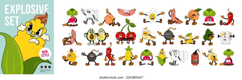 Explosive big set of comic characters in retro cartoon style. Cute comic gloved hands characters in cartoon 1930s style. Doodle Comic characters for any life situation in new trend style.