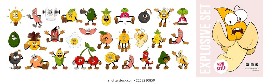 Explosive big set of comic characters in retro cartoon style. Cute comic gloved hands characters in cartoon 1930s style. Doodle Comic characters for any life situation in new trend style.