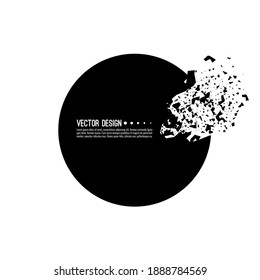 Explosive black banner. Vector circle breaking into small debris with sharp particles.