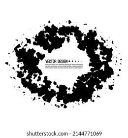 Explosive black banner. Vector circle breaking into small debris with sharp particles.