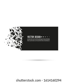 Explosive black banner. Vector rectangle breaking into small debris with sharp particles. 