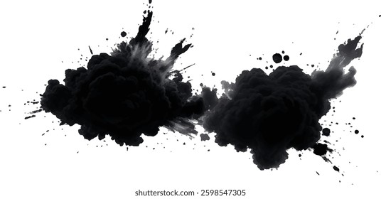 Explosive Black Powder and Smoke Cloud Expanding in an Organic, Fluid Motion, Resulting 
in a Powerful and Dramatic Abstract Visual Display on White
