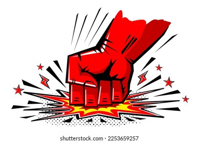 Explosive blow fist,  strong punch from above drawn in comic style. Fist punching, hit strong fist. Vector on transparent background