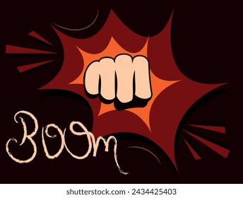 Explosive blow fist, strong punch drawn in comic style. Fist punching, hit strong fist.